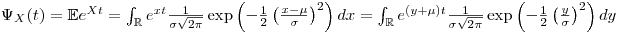 $\Psi_X(t)=\mathbb Ee^{Xt}=\int_\mathbb Re^{xt}\frac{1}{\sigma\sqrt{2\pi}}\exp\left(-\frac{1}{2}\left(\frac{x-\mu}{\sigma}\right)^2\right)dx=\int_\mathbb Re^{(y+\mu)t}\frac{1}{\sigma\sqrt{2\pi}}\exp\left(-\frac{1}{2}\left(\frac{y}{\sigma}\right)^2\right)dy$