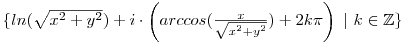 $\{ ln(\sqrt{x^2 + y^2}) + i \cdot \left( arccos(\frac{x}{\sqrt{x^2 + y^2}}) + 2k\pi \right) ~|~ k \in \mathbb{Z} \}$