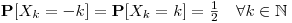 $\mathbf{P}[X_k=-k]=\mathbf{P}[X_k=k]=\frac{1}{2}\quad\forall k\in\mathbb N$